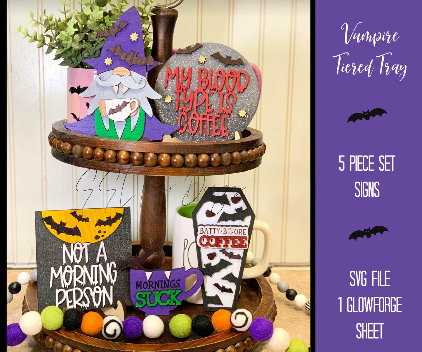 Coffee Halloween Tiered Tray SVG, October Tiered Tray SVG, Vampire Bat Tray SVG Laser File, Halloween Laser File, Bat Tiered Tray Svg File