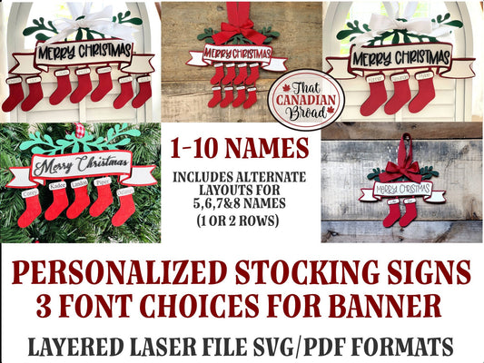 Christmas Stocking Signs for Personalizing, 1-10 names including alternate layouts, laser file, SVG, PDF, digital file only