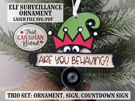 Elf Surveillance TRIO BUNDLE, Ornament plus TWO SIGNS, Elf Countdown, Christmas set, svg & pdf formats, laser files, digital files