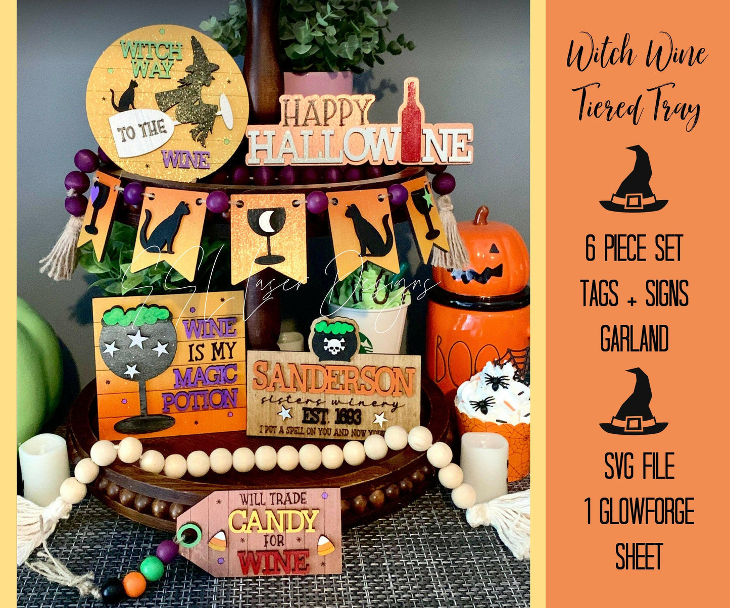 Witch Wine Halloween Tiered Tray SVG, October Wine Tiered Tray SVG, Witch Tiered Tray SVG Laser File, Halloween Laser File, Wine Tiered Tray