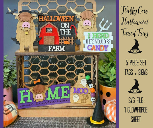 Highland Cow Halloween Tiered Tray SVG, October Tiered Tray SVG, Witch Highland Cow Tiered Tray SVG Laser File, Halloween Farmhouse Svg