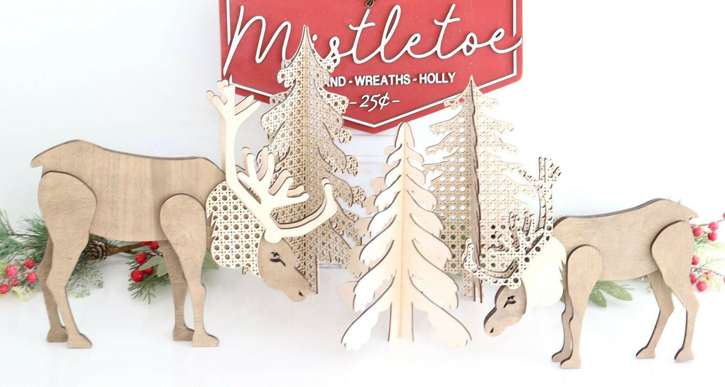 Freestanding 3D Rattan Reindeer and Pine Trees Laser Cut Digital File | Scandinavian Christmas Trees | Boho Christmas Decor | Glowforge
