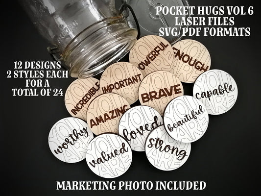 POCKET TOKENS Vol 6 , Pocket Hugs, 12 tokens, 2 styles each, Affirmation, Reassurance, laser, recovery, addiction, mental health, inspiring