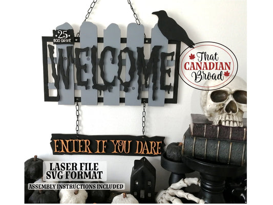 HALLOWEEN Welcome Fence Sign with crow, LASER FILE, SVG format