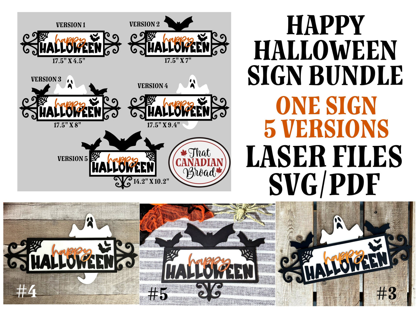 Happy Halloween Sign Bundle, FIVE VERSIONS, Laser Files, SVG & PDF formats, digital files