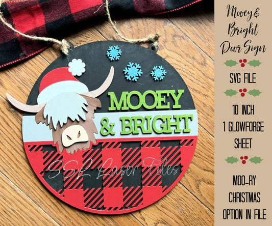 Highland Cow Christmas Door Sign SVG,  Mooey and Bright Sign, Fluffy Cow Door Sign SVG Cut, Fluffy Cows SVG, Fluffy Cows Laser Cut File