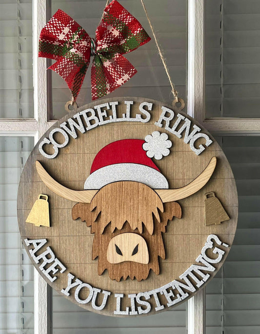 Highland Cow Christmas Door Sign SVG,  Cowbells Ring Door Sign, Fluffy Cow Door Sign SVG Cut, Fluffy Cows SVG, Fluffy Cows Laser Cut File