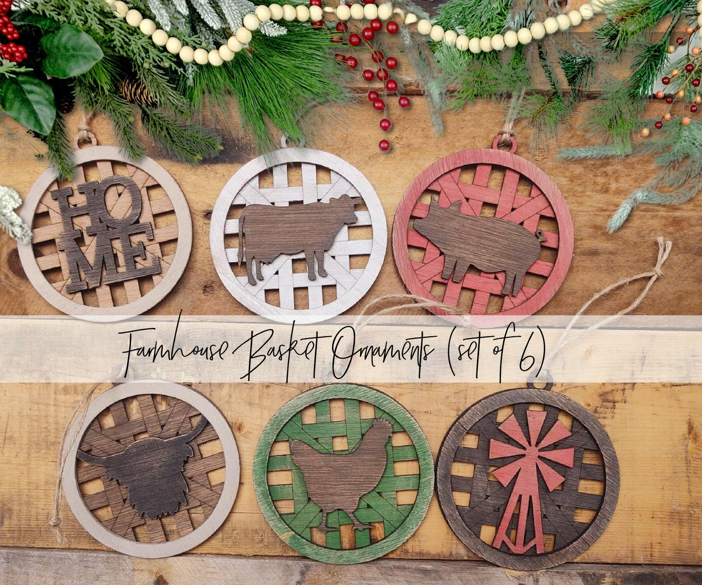 Farmhouse Christmas Ornaments SVG, Tobacco Basket Christmas Ornaments SVG, Cow Ornaments svg, Pig Ornament svg, Chicken Ornament svg