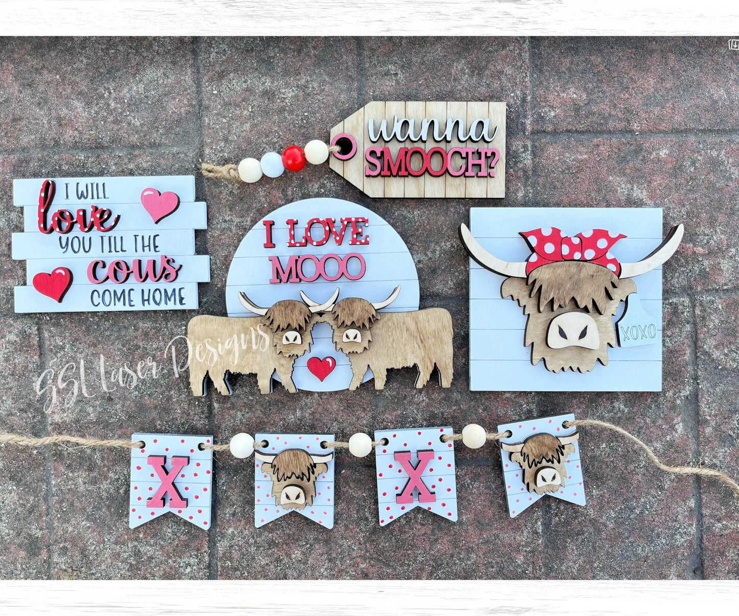 Highland Cow Valentine's Tiered Tray SVG,  Farm Valentine Tray Svg, Fluffy Cow Tiered Tray SVG Cut, February Tray Fluffy Cows Laser Cut File