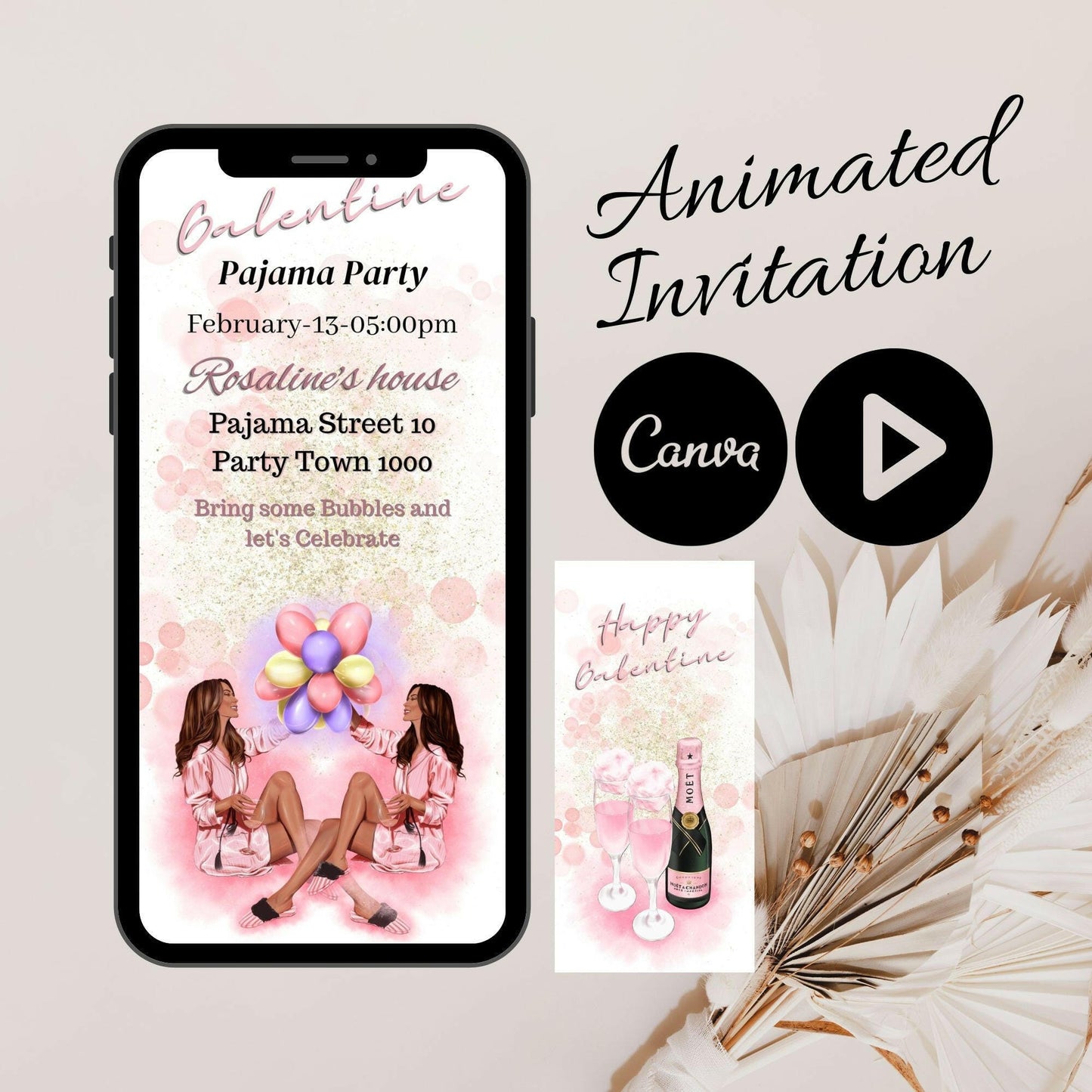 Animated Galentine's day Pajamas Invitation, Video Mobile Galentines Invitation, Modern Galentines Pajamas and Champagne, Canva Invitation