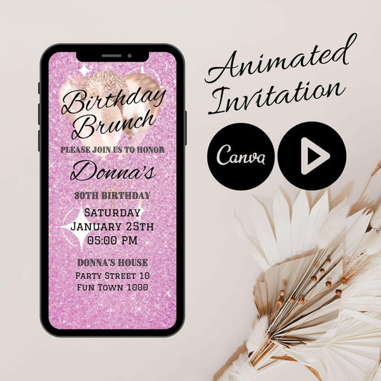 Toast to 30: Animated Brunch Birthday Invitation featuring Modern Birthday Girl, Champagne and Video Mobile - Customize with Canva Animation