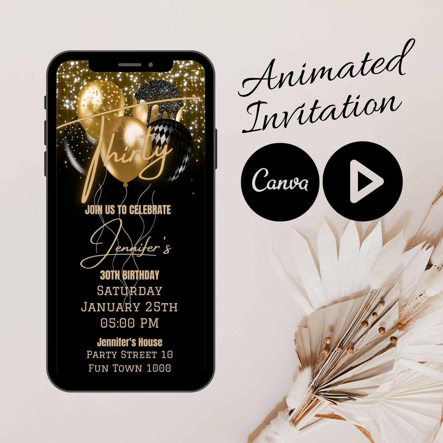 Sparkling at 30: Animated Black and Gold Balloon Birthday Party Invitation with Video Mobile Option and Canva Animation - B2000