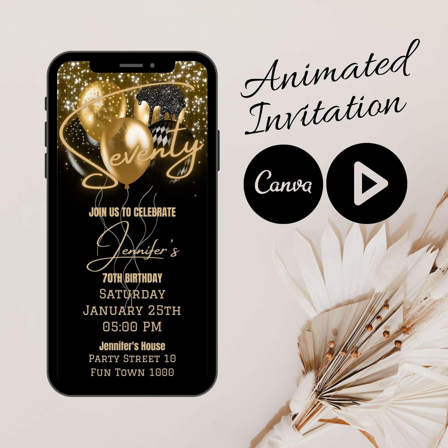 Animated 70th Birthday Party Invitation, Video Mobile Birthday Invitation, Modern Birthday Black and Gold balloon, Canva animated // B2000