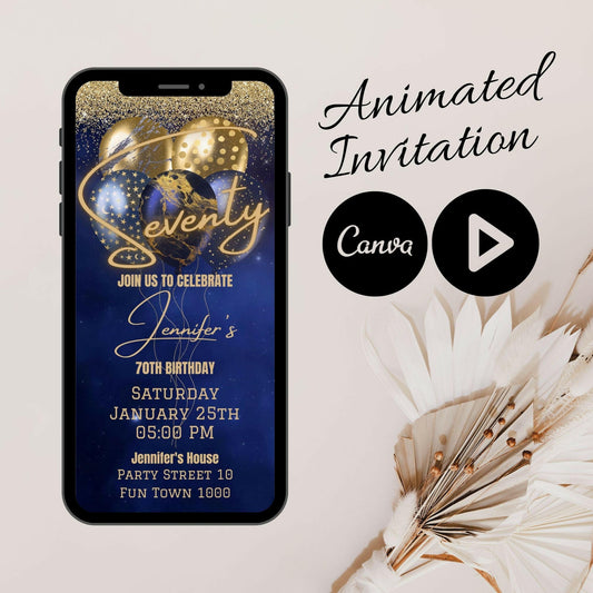 Animated 70th Birthday Party Invitation, Video Mobile Birthday Invitation, Modern Birthday Navy and Gold balloon, Canva animated // NJ1000