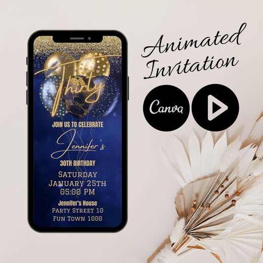 Navy and Gold Soiree: Animated 30th Birthday Invitation with Video Mobile Option and Canva Animation - Celebrate in Style! Video Invitation