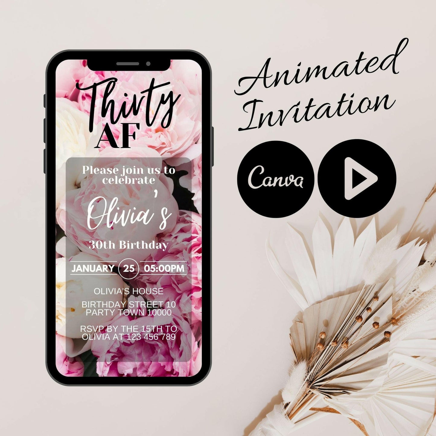 Thirty AF: Animated Video Invitation for Her Birthday Party with Mobile Option and Modern Canva Invitation - Let's Celebrate!