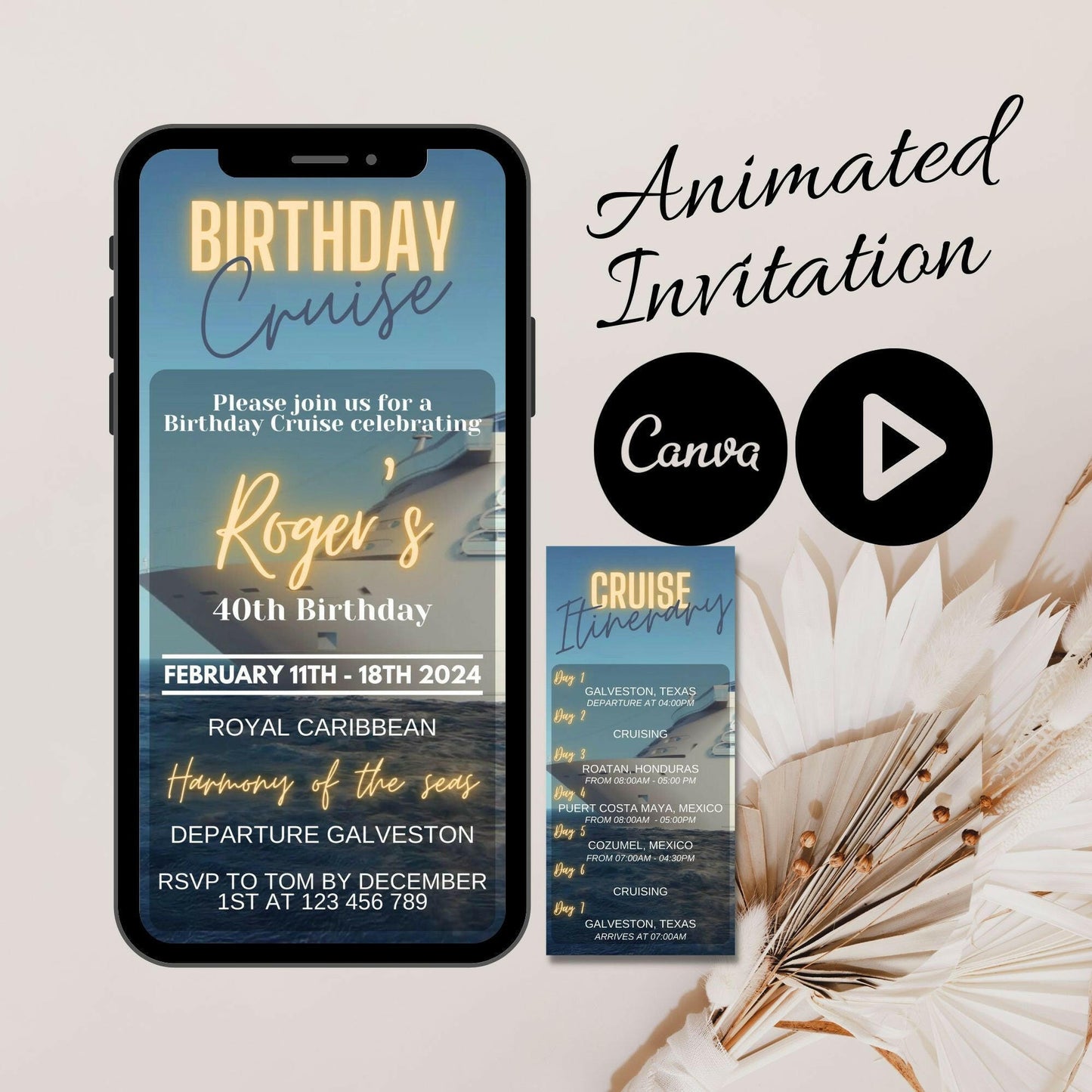 Sail into Celebration: Modern Birthday Cruise Invite & Itinerary, Set Adrift with Animated Mobile Magic!