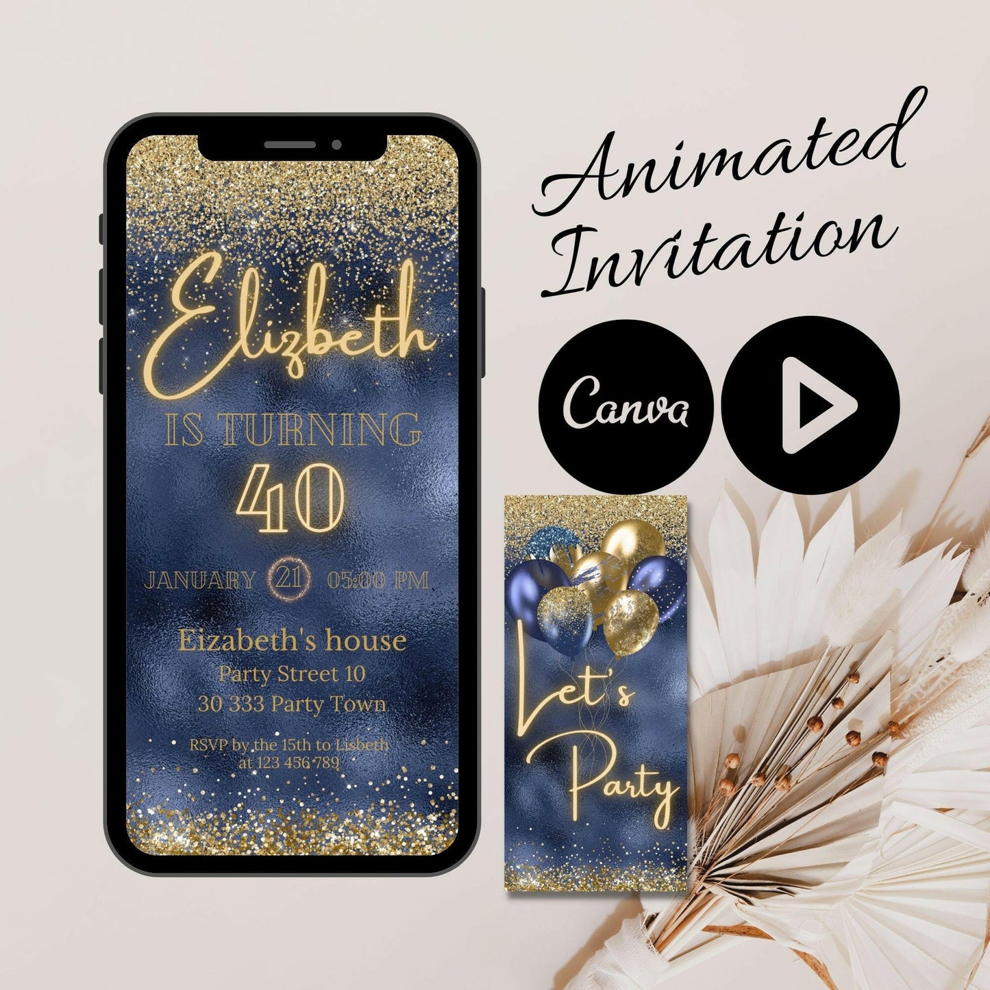 Animated Adult Birthday Party Invitation, Video Mobile Birthday Invitation, Modern Birthday Navy Blue and Gold, Canva animated Invitation