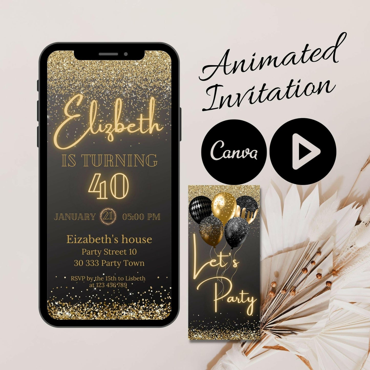 Glittering 30: Animated Black and Gold Birthday Party Invitation with Video Mobile Option and Modern Canva Animation - Let's Celebrate!