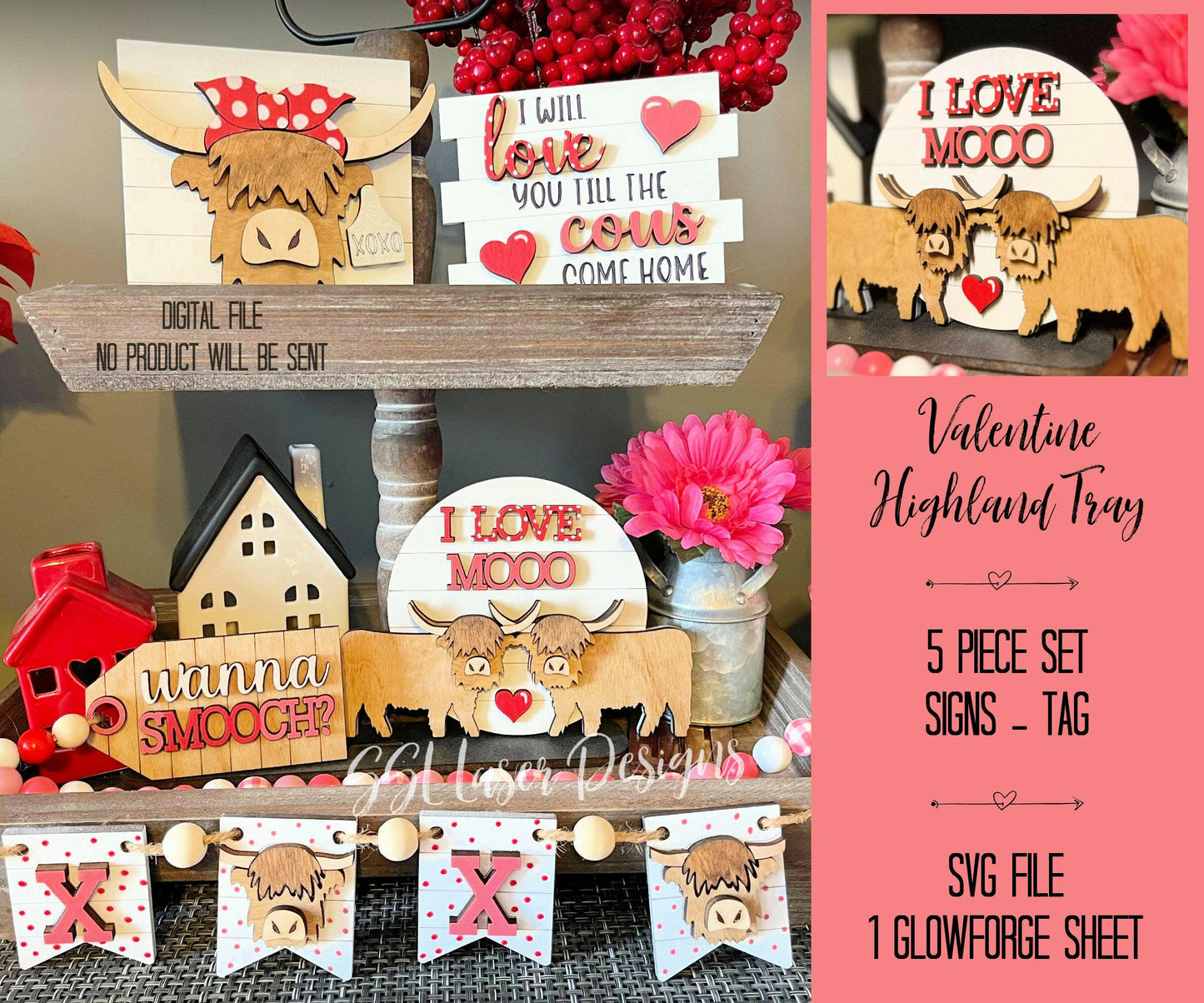 Highland Cow Valentine's Tiered Tray SVG,  Farm Valentine Tray Svg, Fluffy Cow Tiered Tray SVG Cut, February Tray Fluffy Cows Laser Cut File