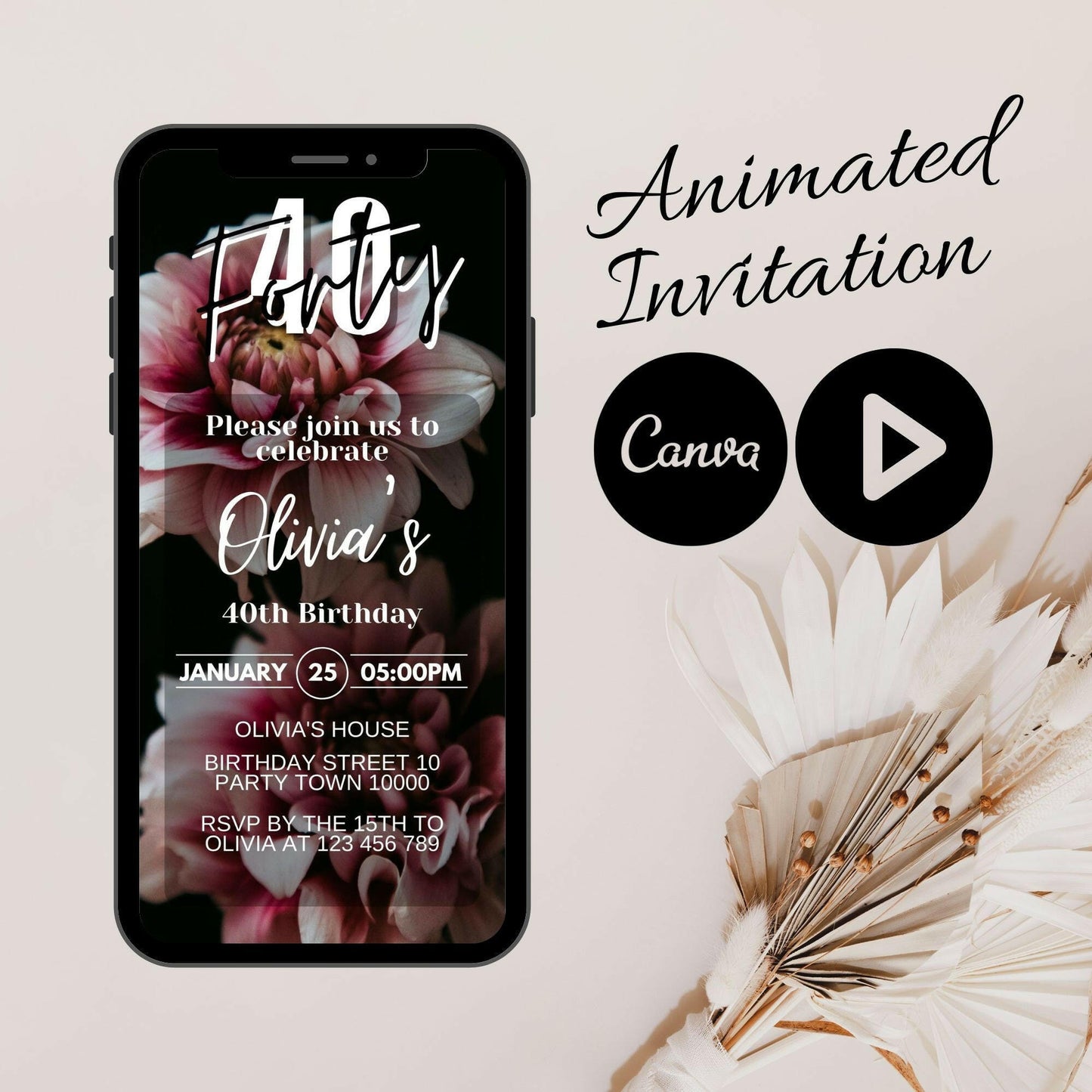 Join the Party: Animated Black and Pink Birthday Invite for a Fabulous 30th Celebration, Video Mobile Option and Customizable Canva Animated