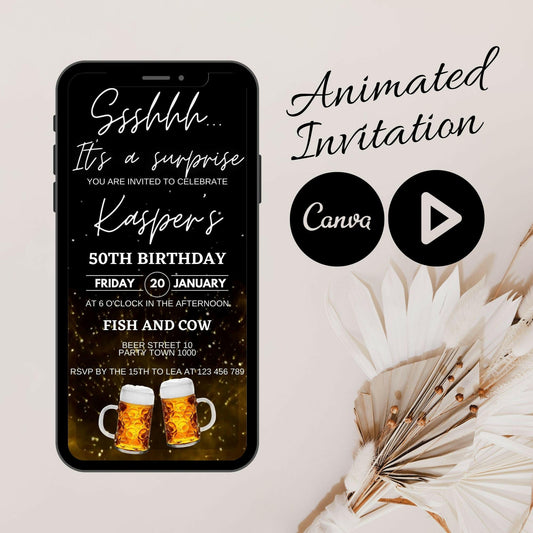 Animated 50th Cheers and Beers Birthday Party Invitation