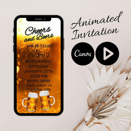 Cheers to 30 Years of Hops & Happiness: Animated Beer Birthday Bash Invite with Mobile Video Splash and Canva Cheers