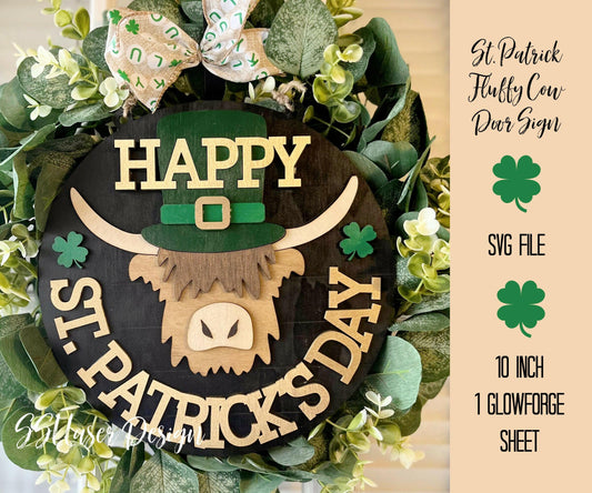 Highland Cow St. Patrick's Day Door Sign SVG,  Farm St. Patrick's Day Door Sign Svg, Fluffy Cow Door SignSVG Cut, March Highland Cow Door