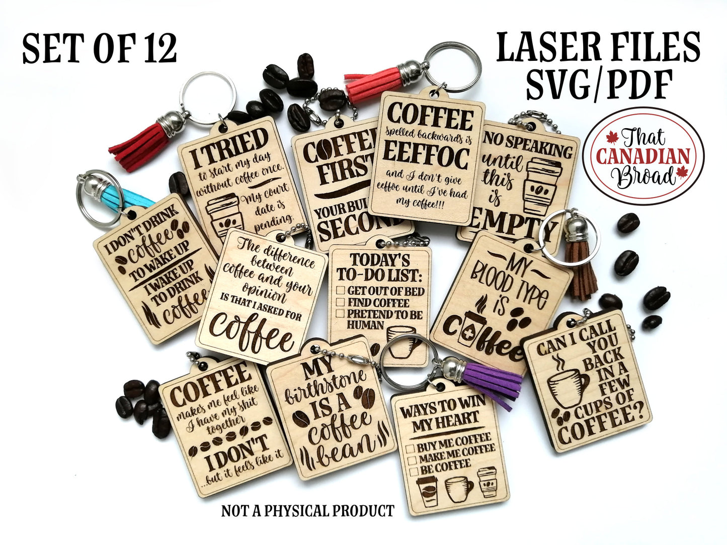 COFFEE themed Keychains Vol 1, 12 Designs, Funny, Sarcastic, Laser file, SVG PDF