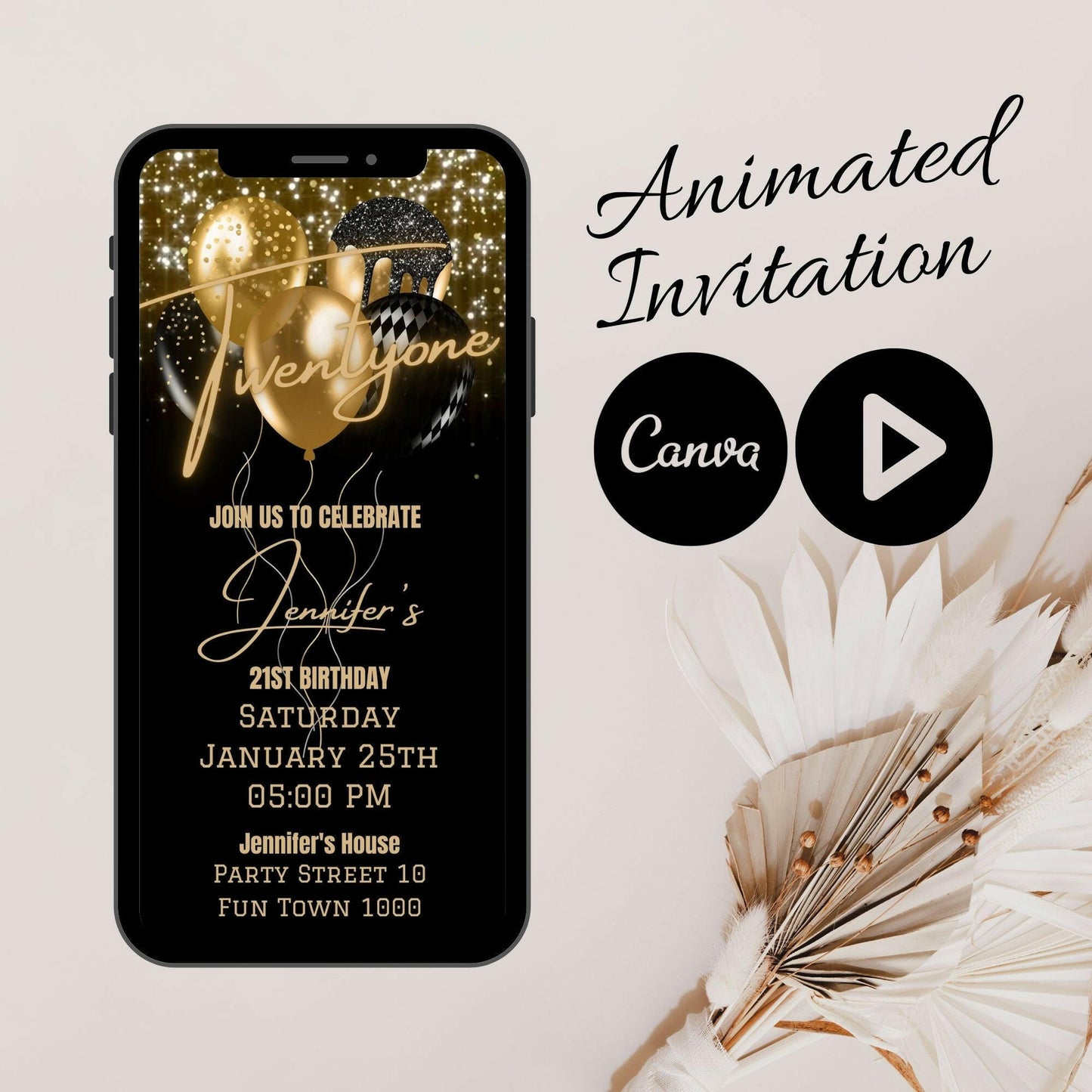 Cheers to 21 Years: Animated Black and Gold Balloon Birthday Party Invitation with Video Mobile Option and Canva Animation - B2000