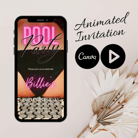 Animated Adult Pool Party Birthday Party Invitation, Video Mobile Pool Birthday Invitation, Gender Neutral, Canva video Invitation