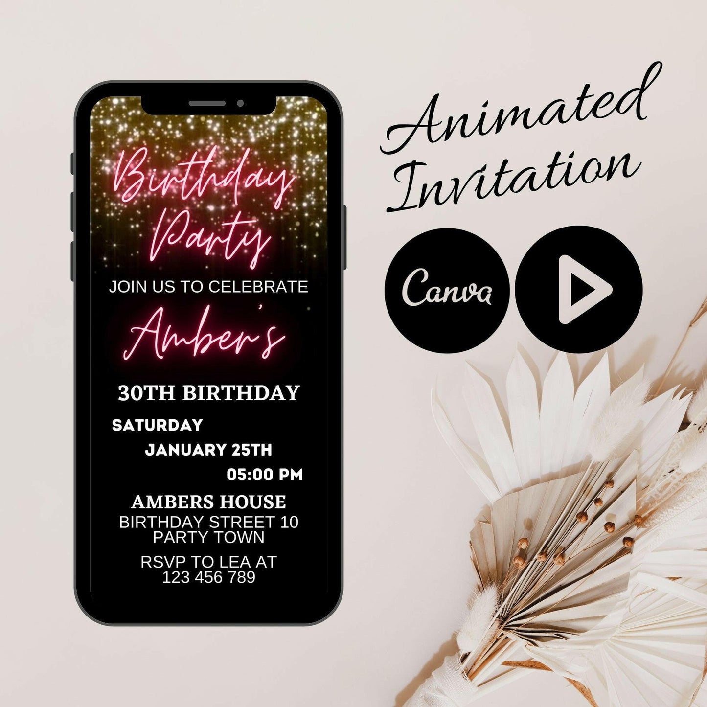 Glam Video Invitation 30th Birthday Party Invitation, Animated Mobile Birthday Invitation, Modern Birthday Girl, Glitter Canva animated