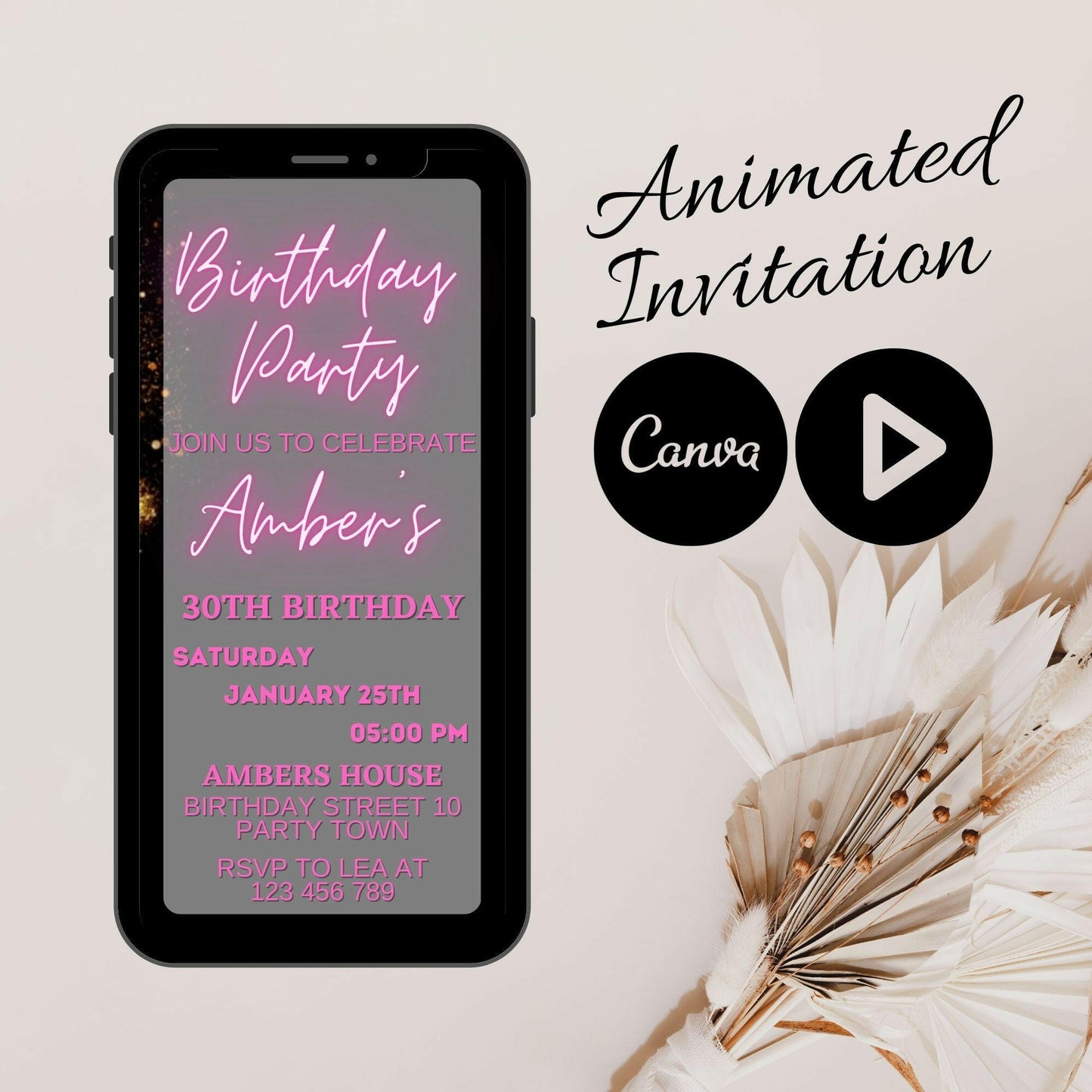 Sparkling Celebration: Animated 40th Birthday Party Invitation with Modern Glam Girl, Glittery Canva Animation, and Video Mobile Option