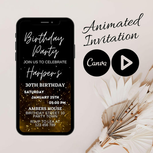 Sparkling at 30: Animated Glitter Video Invitation with Modern Birthday Girl, Mobile Option, and Canva Animation - Let's Party!