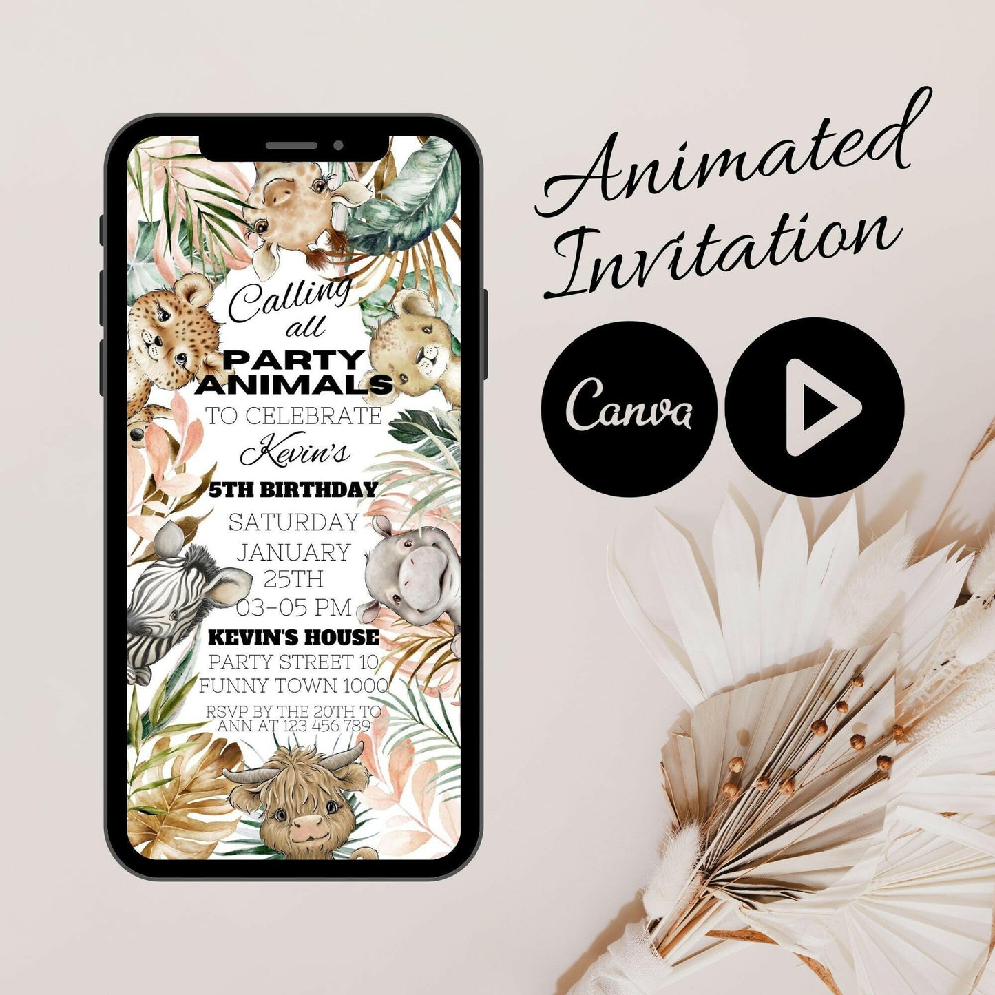 Jungle Safari Adventure: Animated Animal Video Invitation for a Wild Birthday Celebration, Jungle Animals Birthday Invite with Video Option