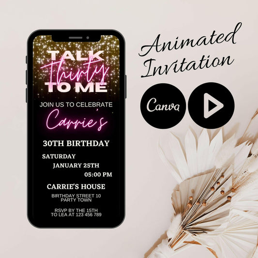 Talk Thirty to Me: Animated Video Invitation for Her Birthday Party with Mobile Option and Modern Canva Animation - Let's Celebrate