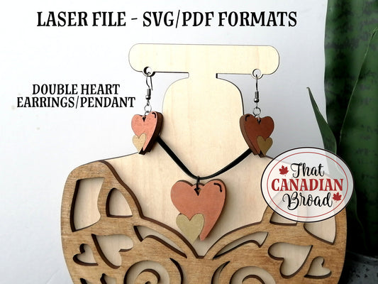 Earring & Pendant Set, double hearts, laser cut jewelry file, laser file, svg, pdf