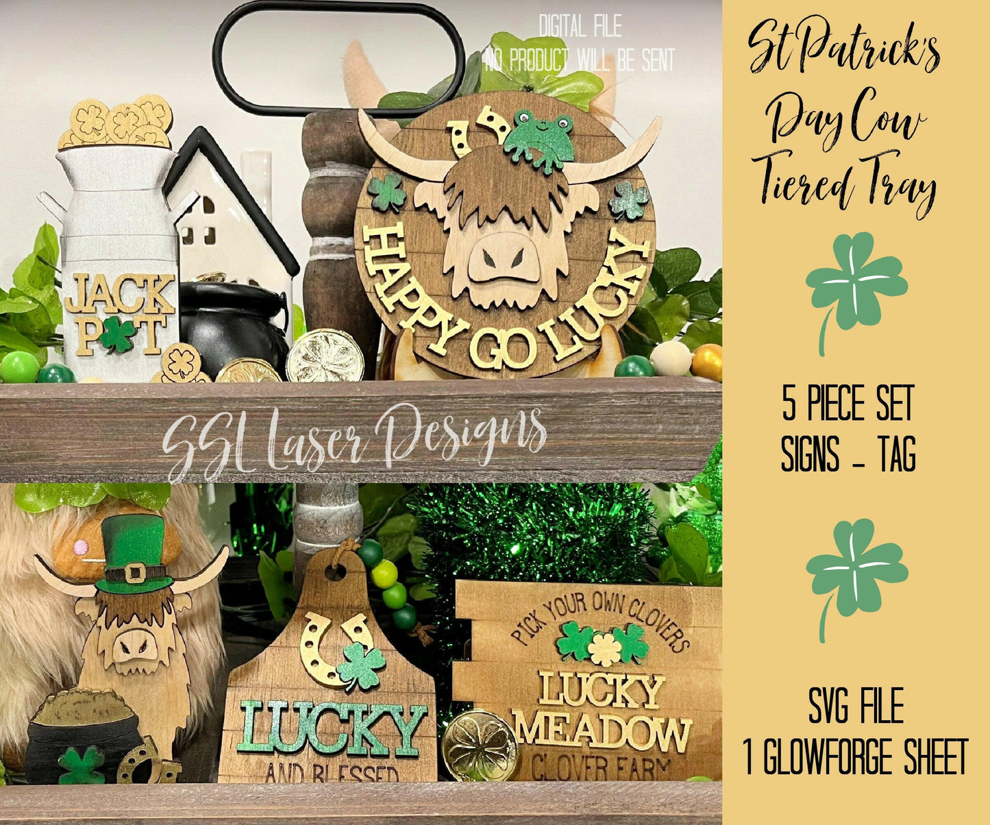 Highland Cow St. Patrick's Day Tiered Tray SVG,  Farm St. Patrick's Day Tray Svg, Fluffy Cow Tiered Tray SVG Cut, March Highland Cow Tray