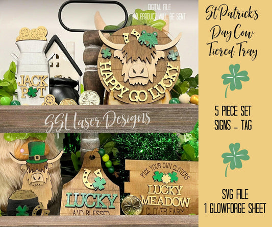 Highland Cow St. Patrick's Day Tiered Tray SVG,  Farm St. Patrick's Day Tray Svg, Fluffy Cow Tiered Tray SVG Cut, March Highland Cow Tray