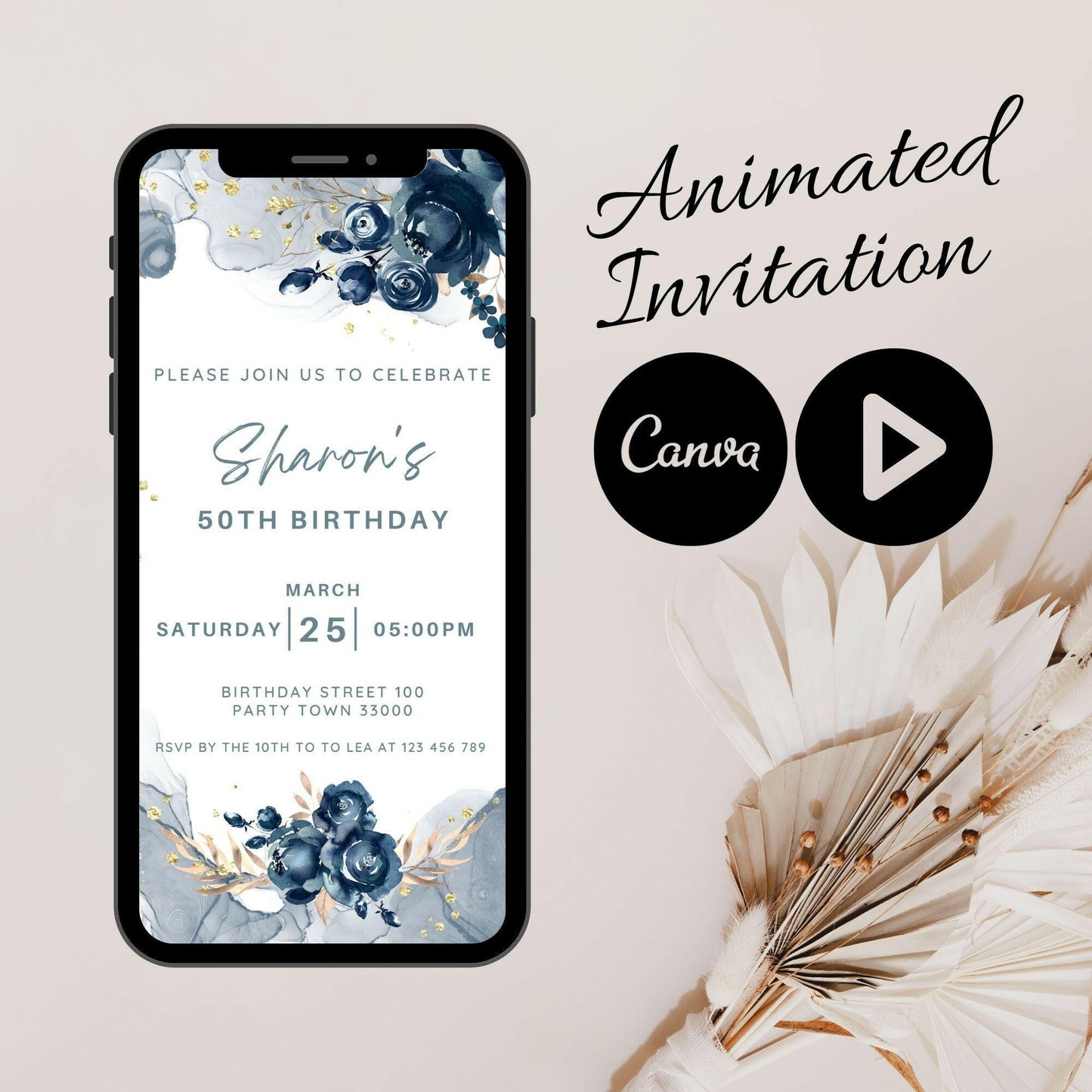 Animated 50th Birthday Party Invitation, Video Mobile Birthday Invitation, Modern Birthday Blue Floral Invitation, Canva animated Invitation