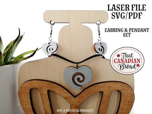 Earring & Pendant Set, spiral heart, laser file, svg, pdf