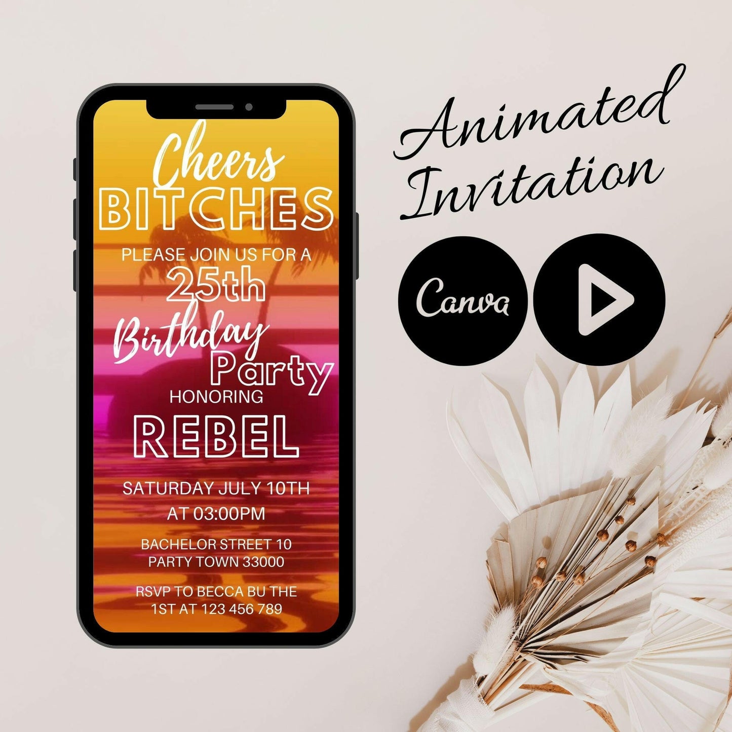 Glam Video Invitation 30th Birthday Party Invitation, Animated Mobile Birthday Invitation, Modern Birthday Girl, Canva animated