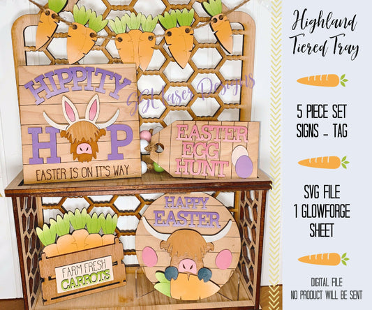 Highland Cow Easter Tiered Tray SVG,  Farm Easter Tray Svg, Fluffy Cow Easter Tiered Tray SVG Cut, March Highland Cow Tray, April Highland