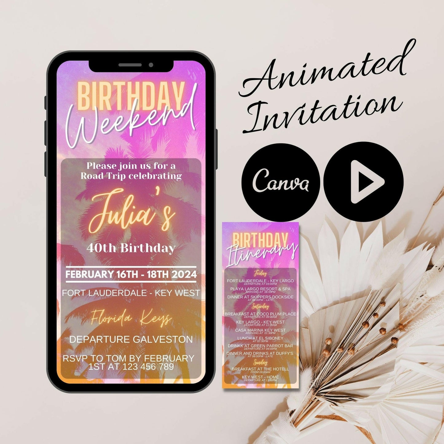Pink weekend invitation and Itinerary template, Video Invitation for her, Animated Mobile Birthday Invite, Modern Birthday weekend detail