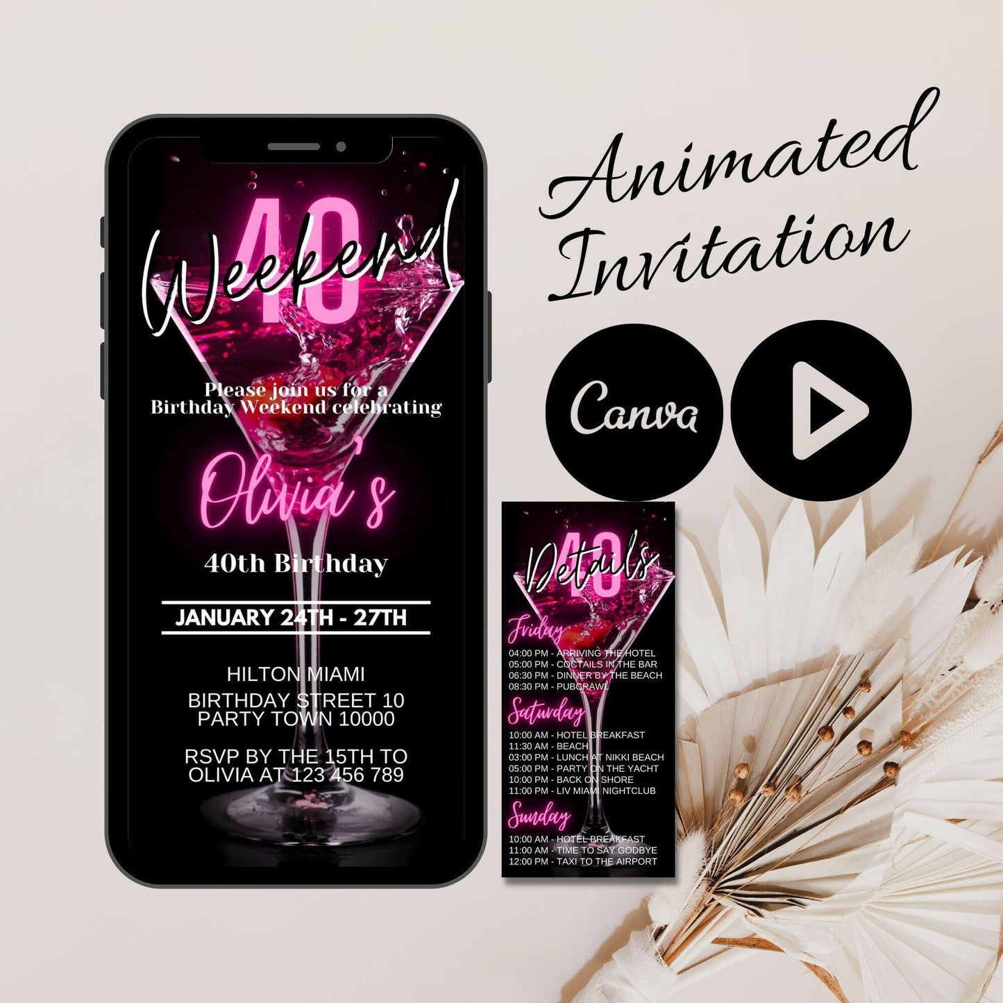 Hot Pink weekend invitation and Itinerary template, Video Invitation for her, Animated Mobile Birthday Invite, Drink Birthday weekend detail