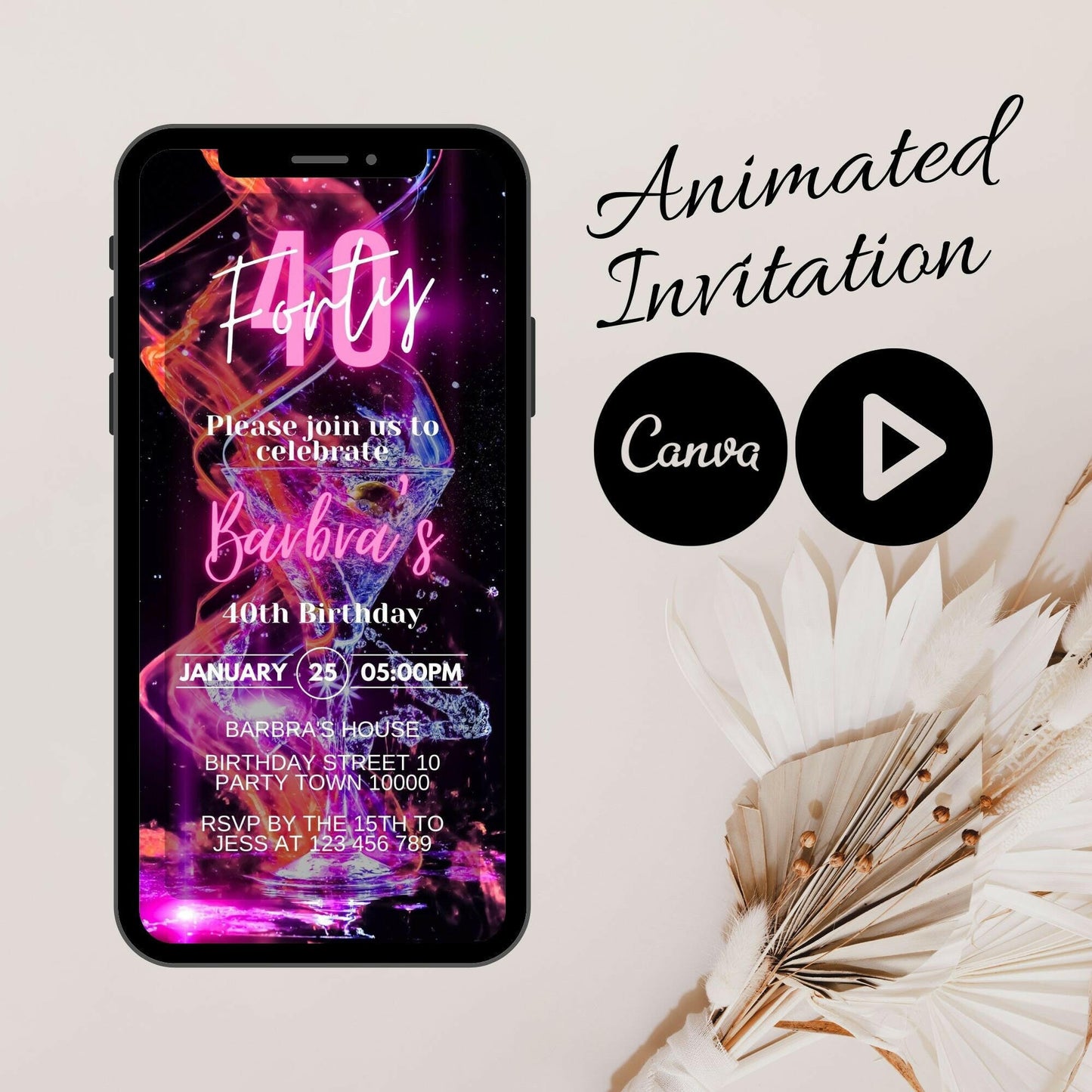 Neon Pink video invite, Invitation Birthday Party Invitation for her, Animated Mobile Birthday Invitation, Modern Birthday Canva Invitation