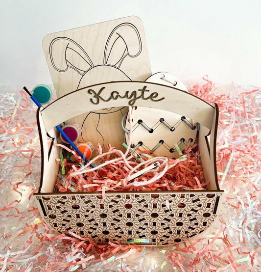 Cute Customizable Customizable Rope Weave Easter Basket, Bunny Puzzle, and Spring Lacing Toys Laser Cut Digital File Bundle | Glowforge