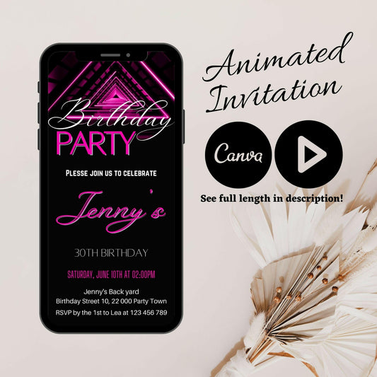 Neon Pink video invite, Invitation Birthday Party Invitation for her, Animated Mobile Birthday Invitation, Modern Birthday Canva Invitation