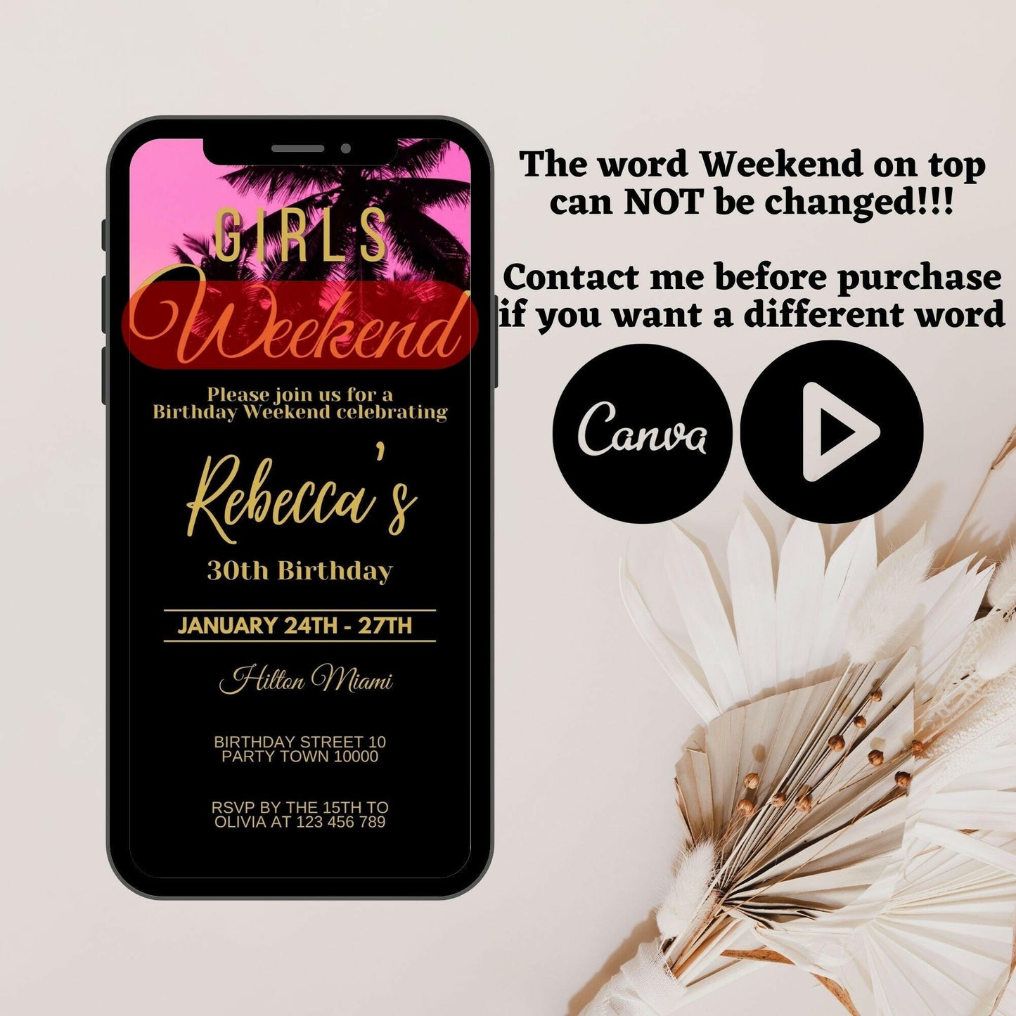 Any age weekend invitation and Itinerary template, Video Invitation for her, Animated Mobile Birthday Invite, Modern Birthday weekend detail