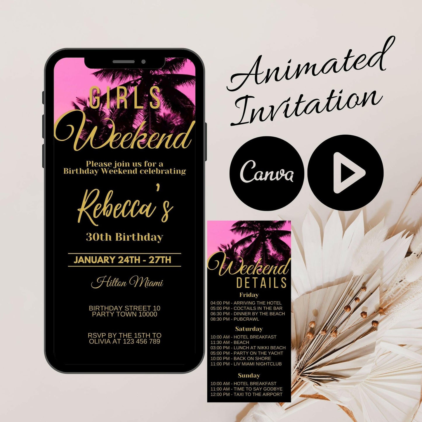 Any age weekend invitation and Itinerary template, Video Invitation for her, Animated Mobile Birthday Invite, Modern Birthday weekend detail